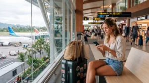Traveler connecting to WiFi at Bali Airport in Indonesia after arriving for a vacation