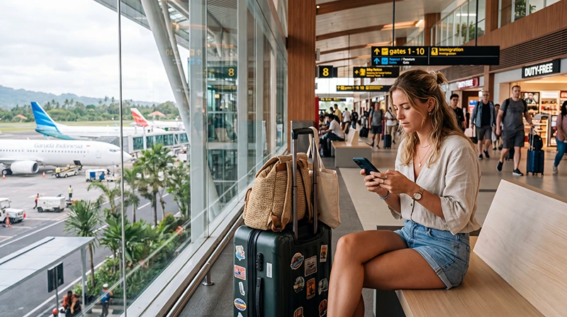 Traveler connecting to WiFi at Bali Airport in Indonesia after arriving for a vacation