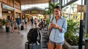 Traveler connecting to free WiFi at Bohol Panglao International Airport in the Philippines