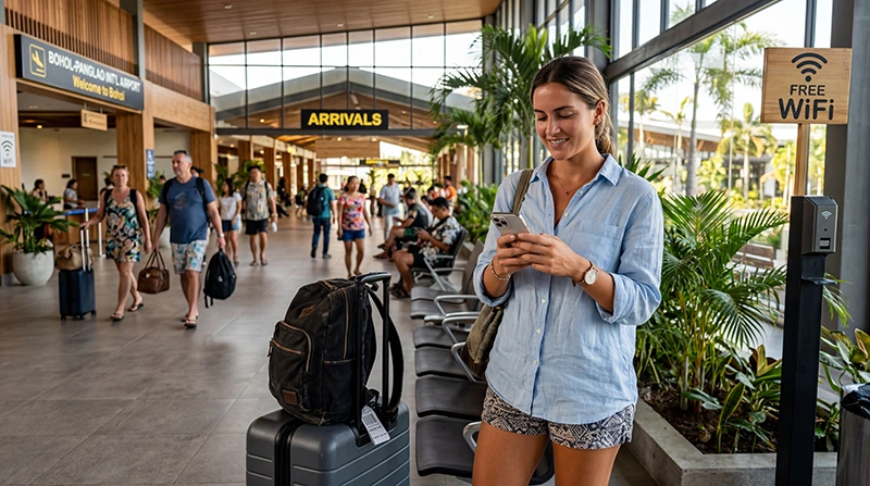 Traveler connecting to free WiFi at Bohol Panglao International Airport in the Philippines