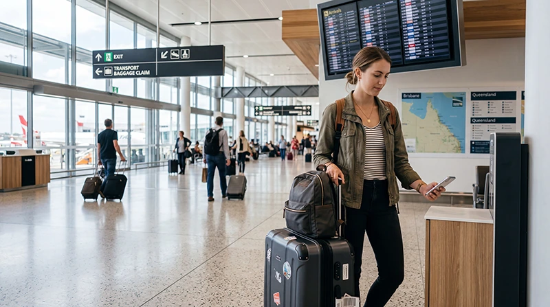 Traveler connecting to WiFi at Brisbane Airport after arriving in Australia
