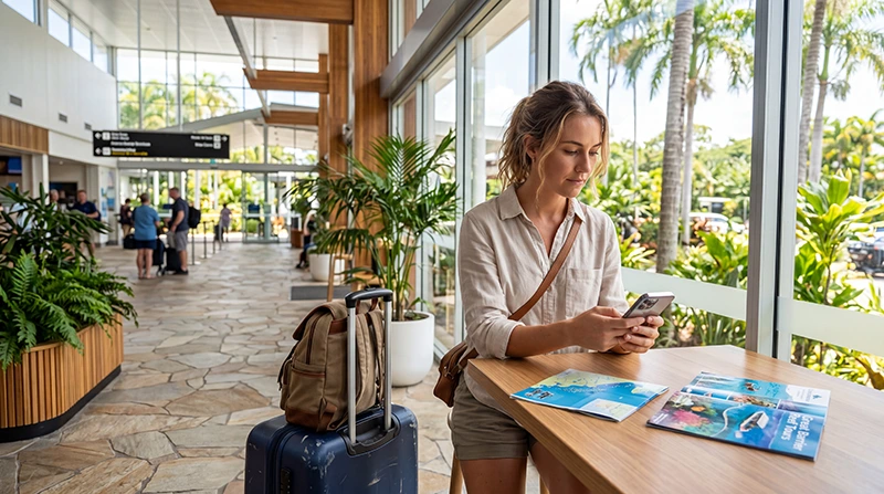 Traveler connecting to WiFi at Cairns Airport after arriving in Australia