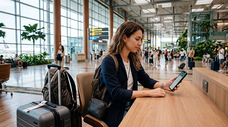 Traveler using WiFi and mobile internet at Singapore Changi Airport arrival terminal