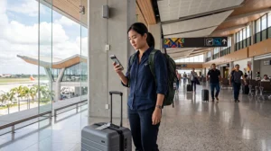 Traveler connecting to free WiFi at Clark International Airport in the Philippines