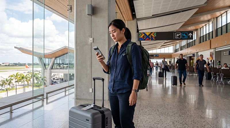 Traveler connecting to free WiFi at Clark International Airport in the Philippines