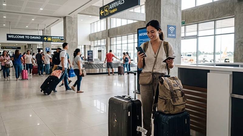 Traveler connecting to free WiFi at Davao International Airport arrival terminal in the Philippines