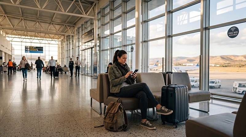 Traveler using airport WiFi with a smartphone at Ercan International Airport in North Cyprus