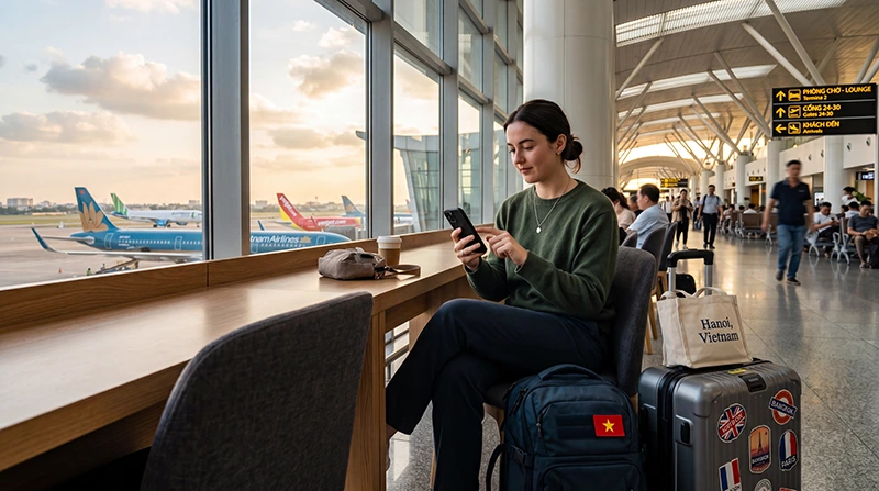 Traveler using free WiFi at Hanoi Airport in Vietnam