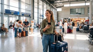 Tourist using WiFi and mobile internet after arriving at Heraklion Airport in Crete