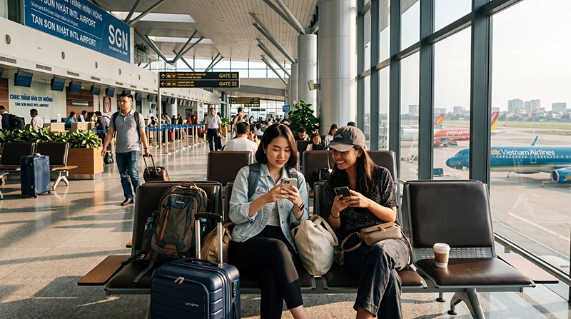 Traveler using free WiFi at Ho Chi Minh City Airport in Vietnam