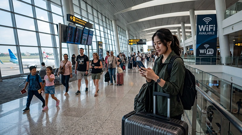 Traveler connecting to WiFi at Jakarta Airport after arriving in Indonesia