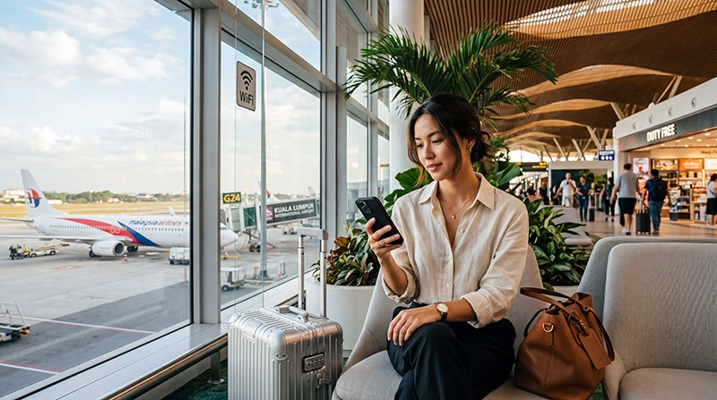 Traveler using WiFi at KLIA Airport while waiting in the terminal in Malaysia