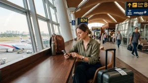 Traveler using free WiFi at Kuala Lumpur International Airport while waiting in the terminal