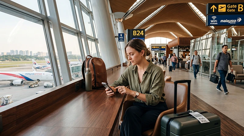 Traveler using free WiFi at Kuala Lumpur International Airport while waiting in the terminal