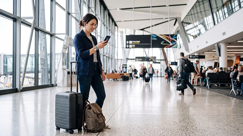 Traveler connecting to WiFi at Melbourne Airport after arriving in Australia