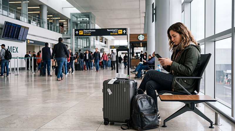 Traveler using free WiFi on smartphone at Mexico City Airport arrivals terminal