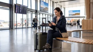 Traveler connecting to WiFi at Perth Airport after arriving in Australia