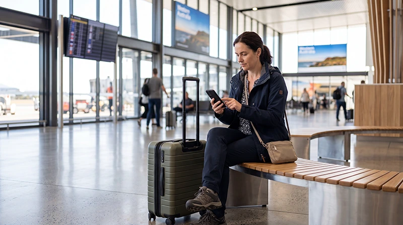 Traveler connecting to WiFi at Perth Airport after arriving in Australia