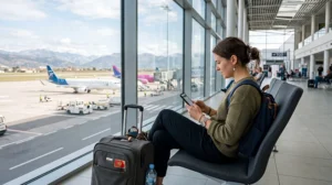 Traveler using free WiFi at Podgorica Airport before departure