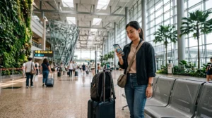Traveler using WiFi and Singapore eSIM at Singapore Airport after arrival
