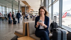 Traveler connecting to WiFi at Sydney Airport after arriving in Australia