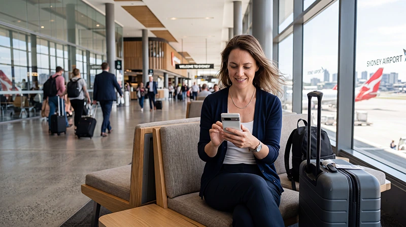 Traveler connecting to WiFi at Sydney Airport after arriving in Australia