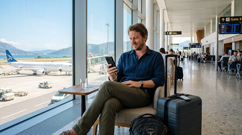 Traveler using free WiFi at Tivat Airport before continuing their trip through Montenegro