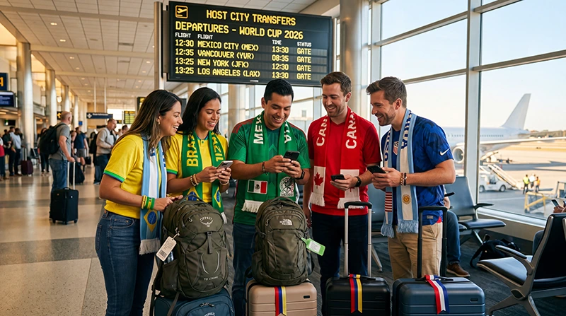 Football fans using mobile data and smartphones while traveling between World Cup 2026 host cities