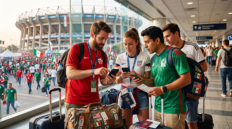 Football fans checking mobile roaming charges on smartphones while traveling between World Cup 2026 host countries