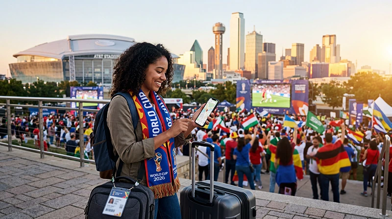 Football fan using smartphone with eSIM mobile data in Dallas during World Cup 2026