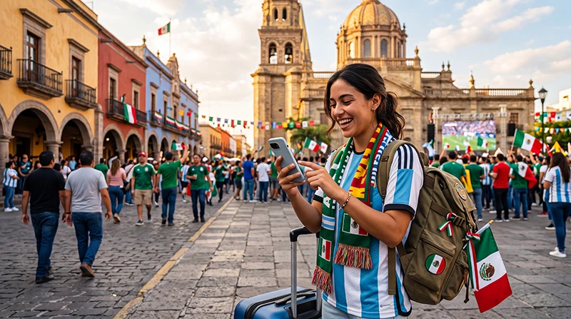 Football fan using smartphone with eSIM mobile data in Guadalajara during World Cup 2026