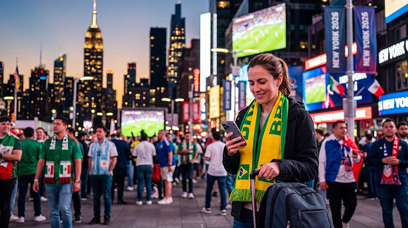 Football fan using smartphone with eSIM mobile data in Los Angeles during World Cup 2026