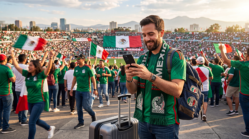Football fan using a smartphone with eSIM mobile data in Mexico City during World Cup 2026