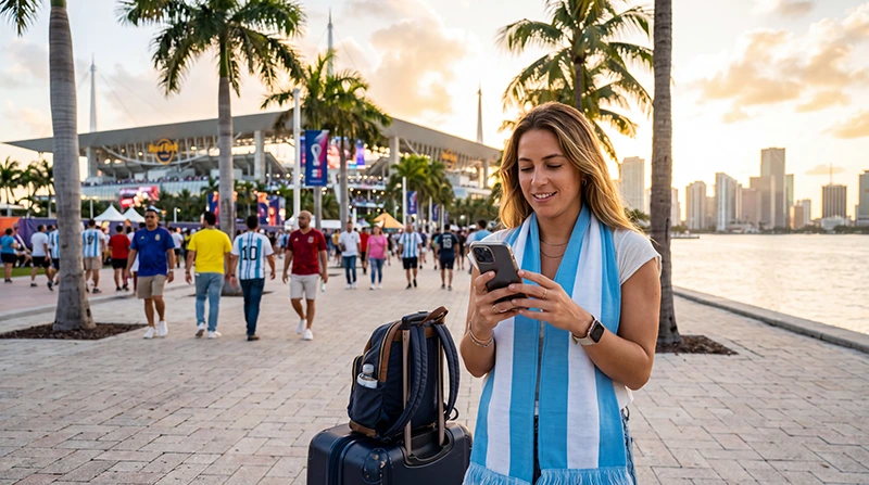 Football fan using smartphone with eSIM mobile data in Miami during World Cup 2026