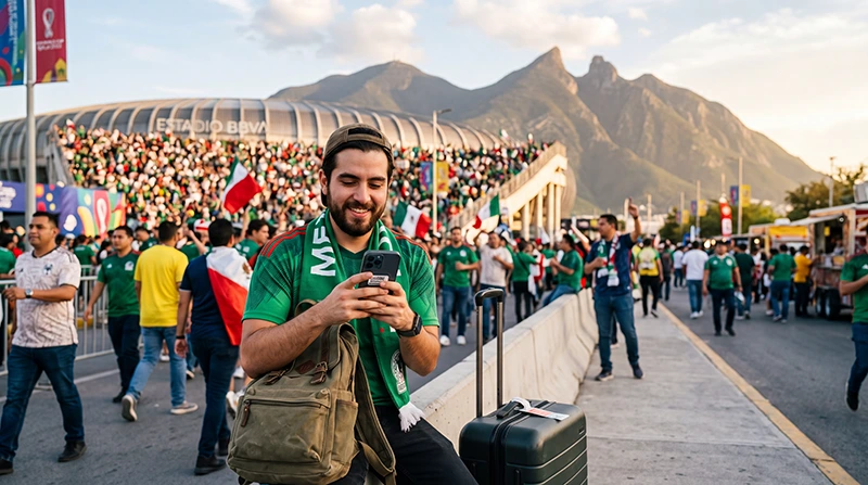 Football fan using smartphone with eSIM mobile data in Monterrey during World Cup 2026