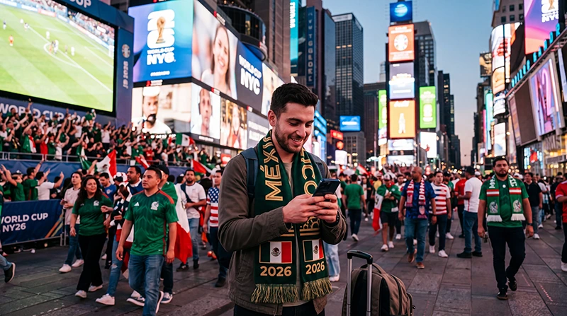 Football fan using smartphone with eSIM mobile data in New York during World Cup 2026