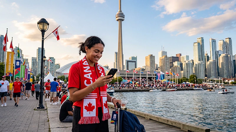 Football fan using smartphone with eSIM mobile data in Toronto during World Cup 2026