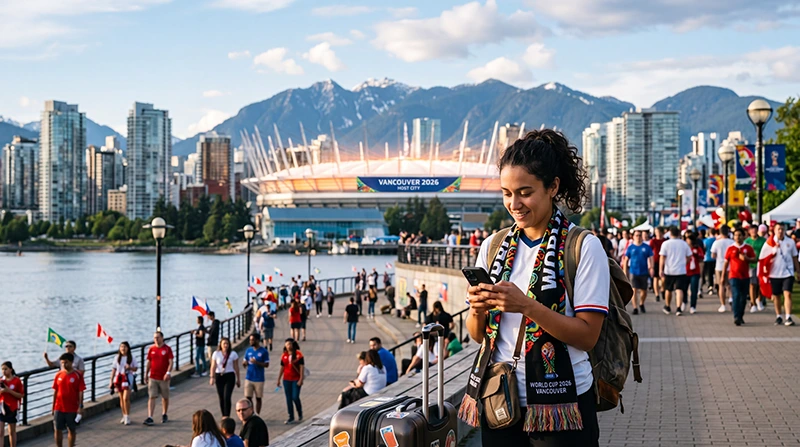 Football fan using smartphone with eSIM mobile data in Vancouver during World Cup 2026