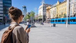 Tourist using mobile data in a modern central Zagreb plaza.