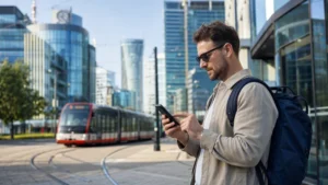 Traveller using 5G mobile data in modern Prague.