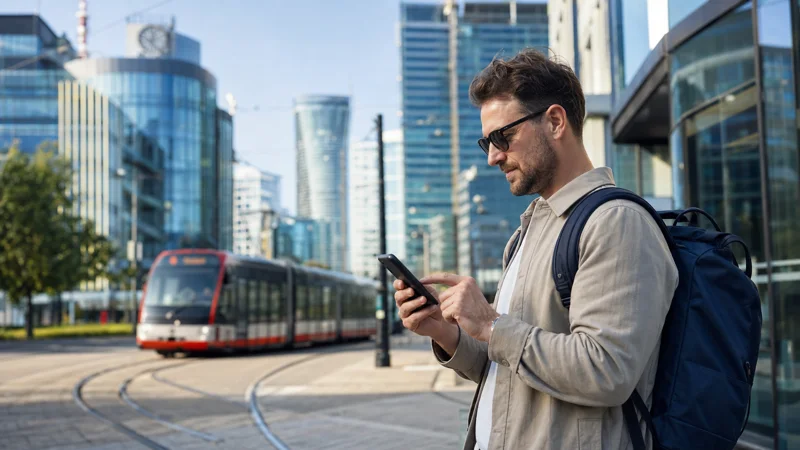 Traveller using 5G mobile data in modern Prague.