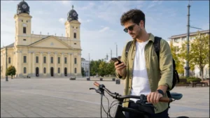 Traveller checking 5G mobile data beside a bicycle in Debrecen, Hungary