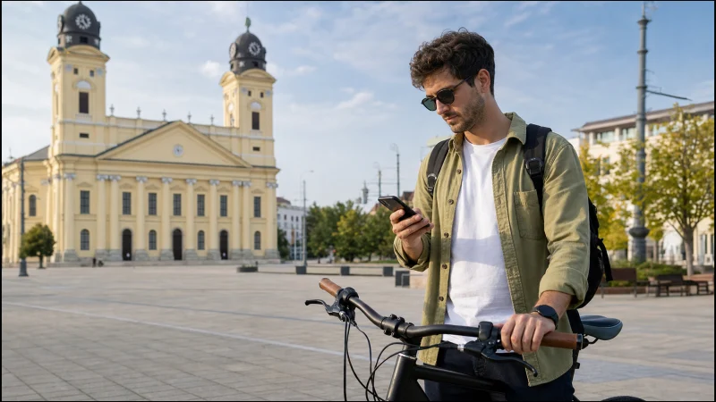 Traveller checking 5G mobile data beside a bicycle in Debrecen, Hungary