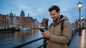 Traveller using 5G mobile data beside the Gdańsk waterfront in Poland.
