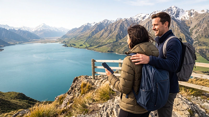 5G mobile data in New Zealand for tourists using eSIM connectivity while exploring mountains and scenic landscapes