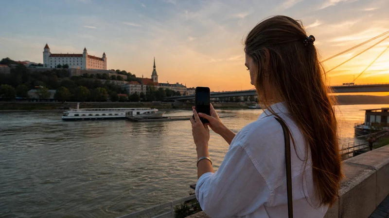 Tourist using a 5G-capable smartphone on the Danube riverfront in Bratislava.