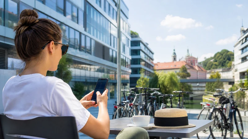 Tourist using mobile data beside modern buildings and bicycles in Ljubljana.