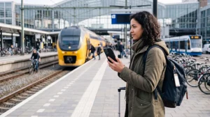 Traveller using the 9292 app to plan a public transport journey in the Netherlands