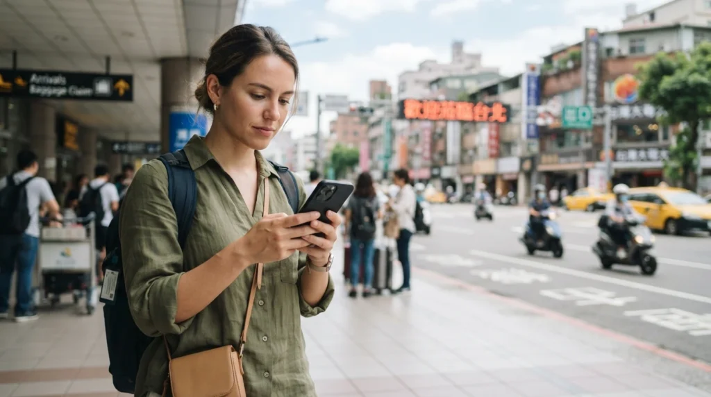 Traveller fixing a Taiwan eSIM with no internet connection on a smartphone