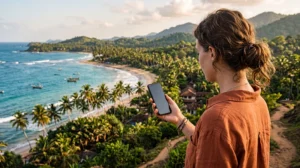 Traveler using a Sri Lanka eSIM on an Android smartphone while exploring the tropical coast